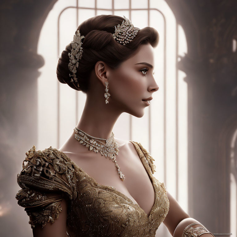 Elegant woman in golden gown with intricate embroidery and jewelry