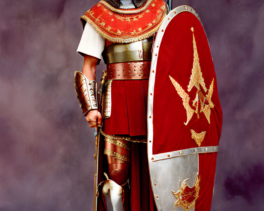 Elaborate Roman soldier costume with shield and spear on gray backdrop