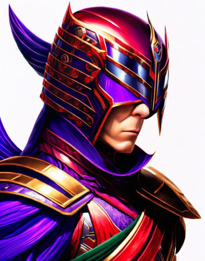 Colorful Fantasy Armor Helmet with Purple Cloak: Heroic and Mysterious Character