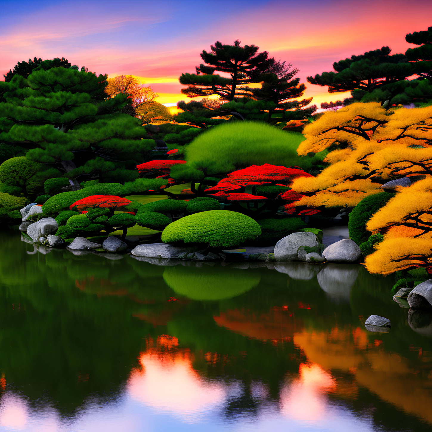 Colorful Trees Reflecting in Serene Japanese Garden Sunset