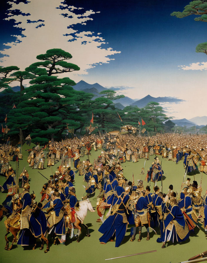 Traditional Japanese warriors in vibrant historical painting