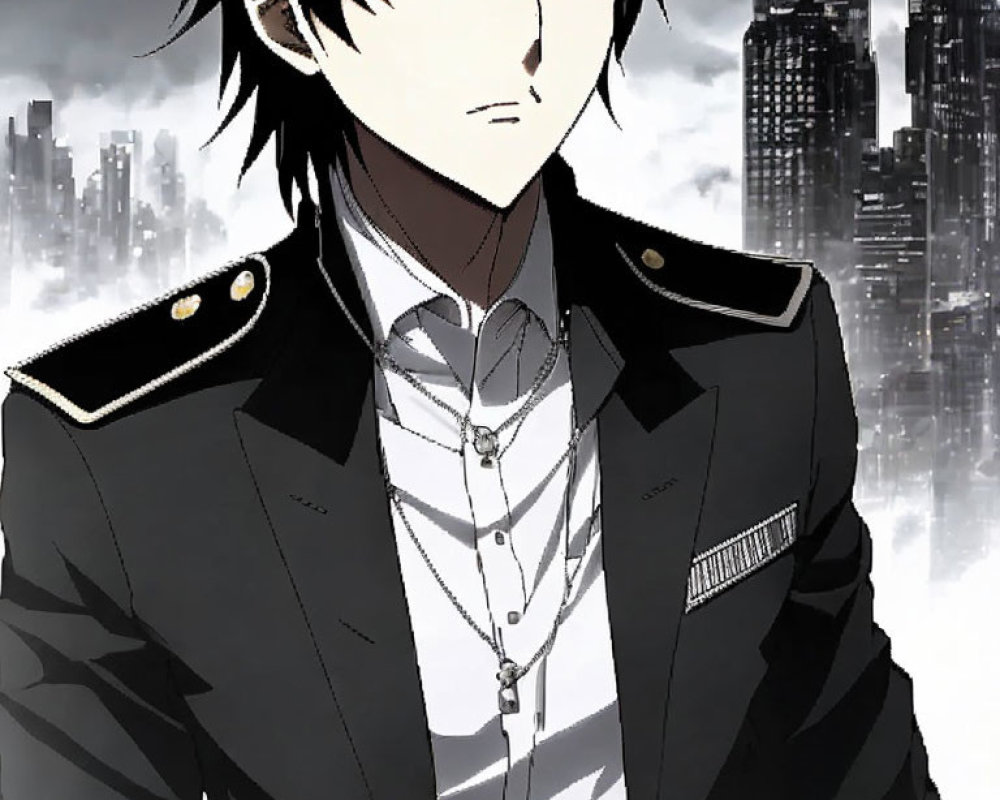 Anime character with black hair in military jacket against cityscape.