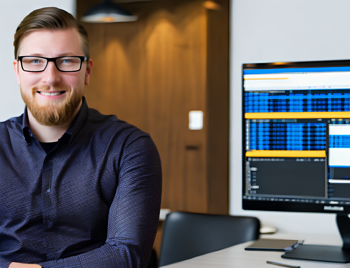 Smiling man in glasses with analytical graphs on computer screen