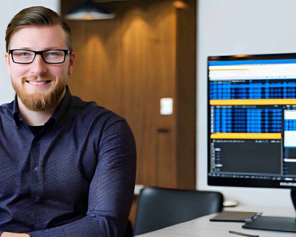 Smiling man in glasses with analytical graphs on computer screen