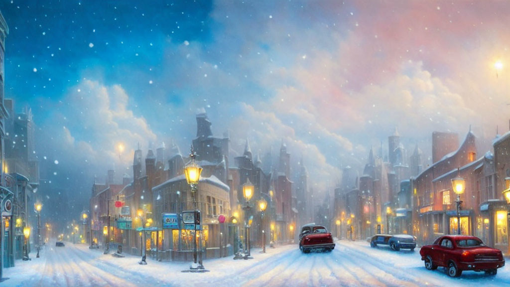 Snowy Evening: Street Lights, Snow-Covered Road, Twilight Sky, Traditional Architecture