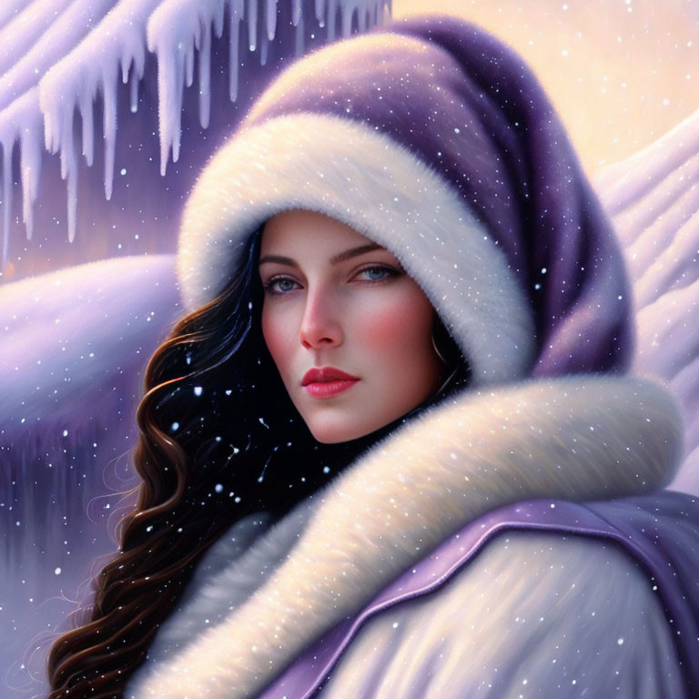 Digital painting of woman in dark hair with purple hooded cloak in snowfall