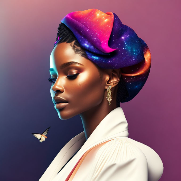 Galaxy-themed headwrap woman with butterfly on purple backdrop