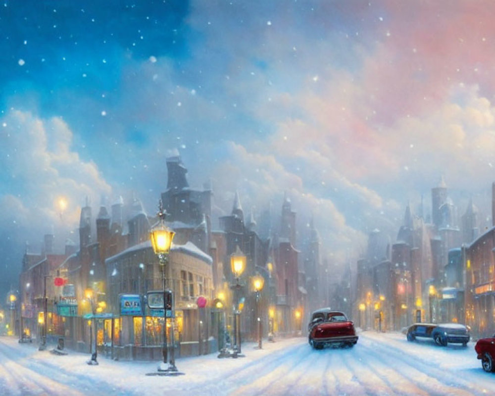 Snowy Evening: Street Lights, Snow-Covered Road, Twilight Sky, Traditional Architecture