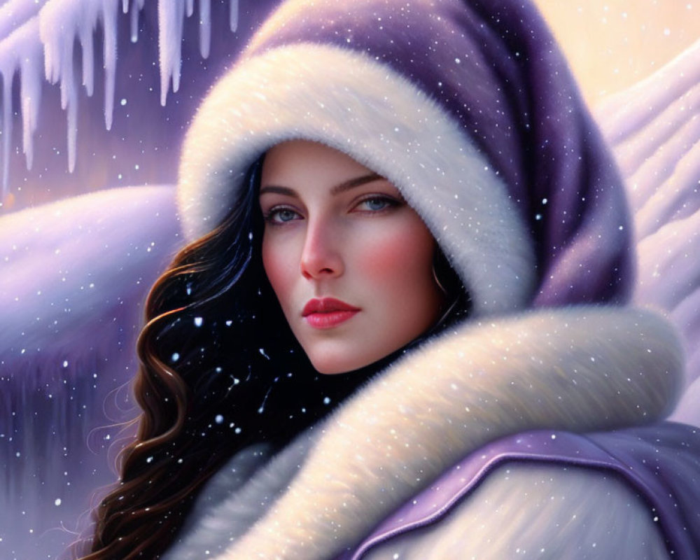 Digital painting of woman in dark hair with purple hooded cloak in snowfall