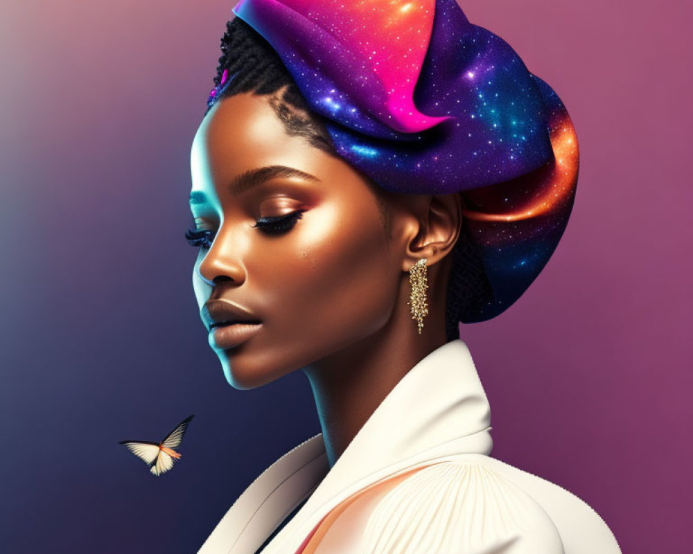 Galaxy-themed headwrap woman with butterfly on purple backdrop