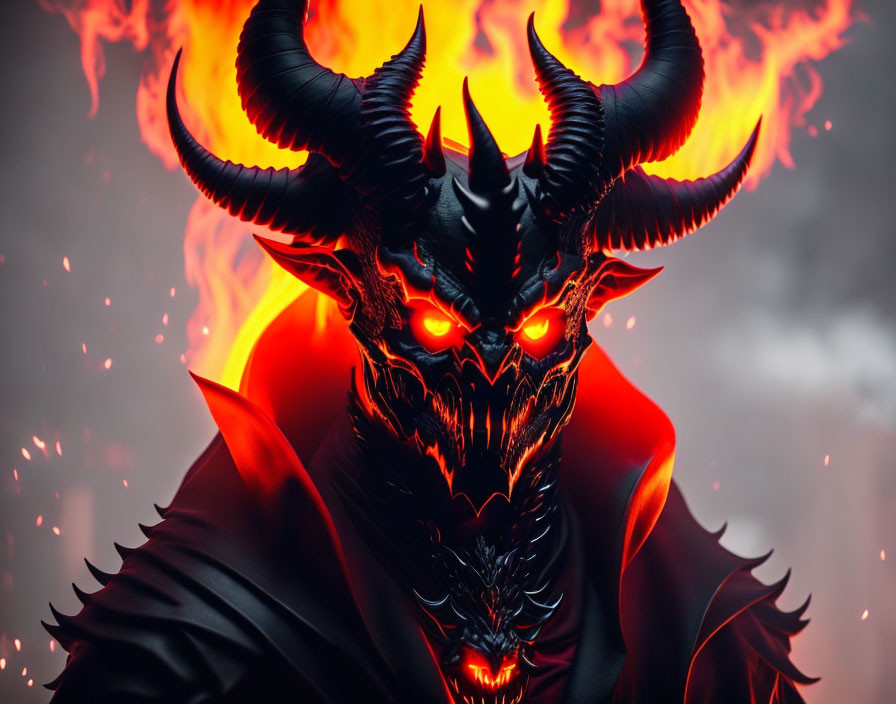 Sinister demon with glowing red eyes and large horns in fiery setting.