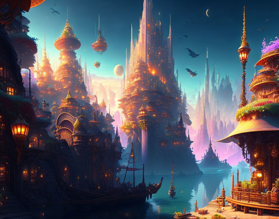 Fantastical cityscape with towering spires and flying ships at dusk