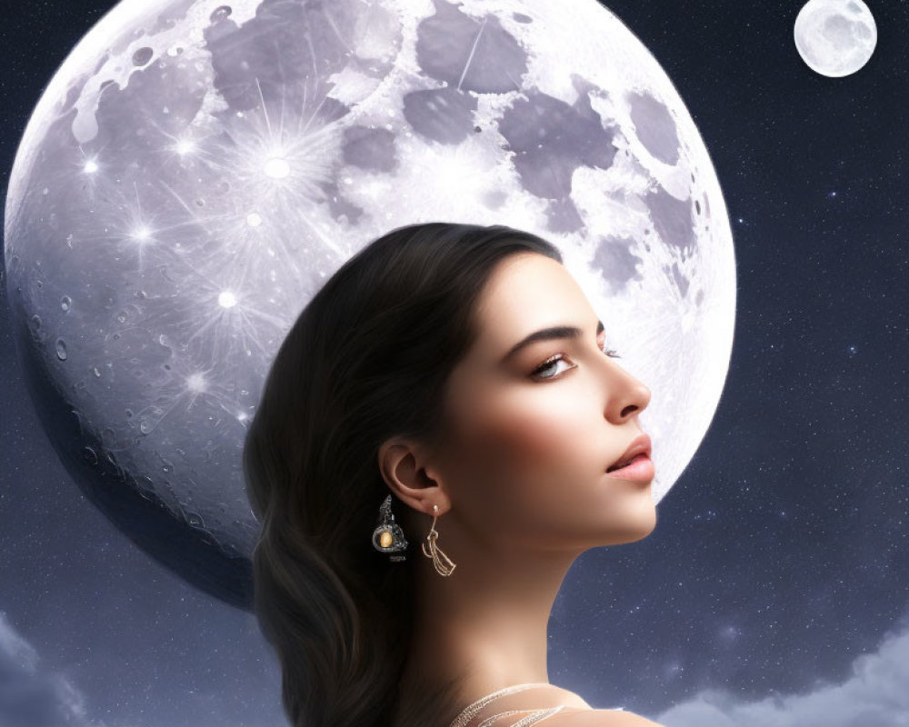 Serene woman gazes at detailed moon and starry sky