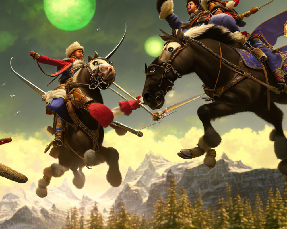 Animated warriors on horseback in combat with bows and arrows against mountain backdrop and two green moons.