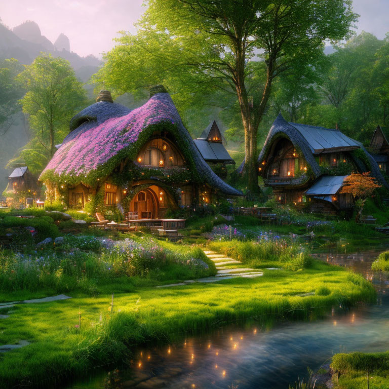 Picturesque village with thatched cottages, flower-covered roofs, lush greenery, and serene creek