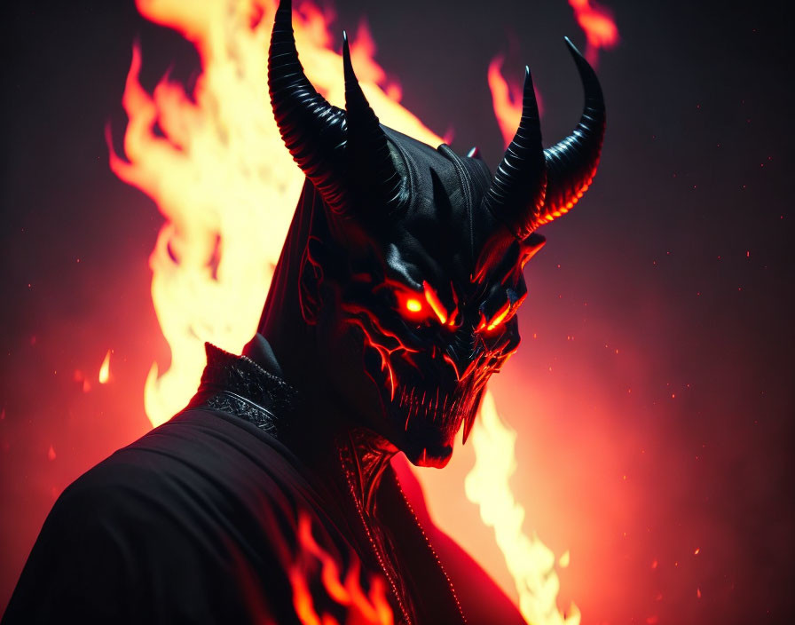 Sinister person in demonic mask with red eyes and horns amid fiery backdrop