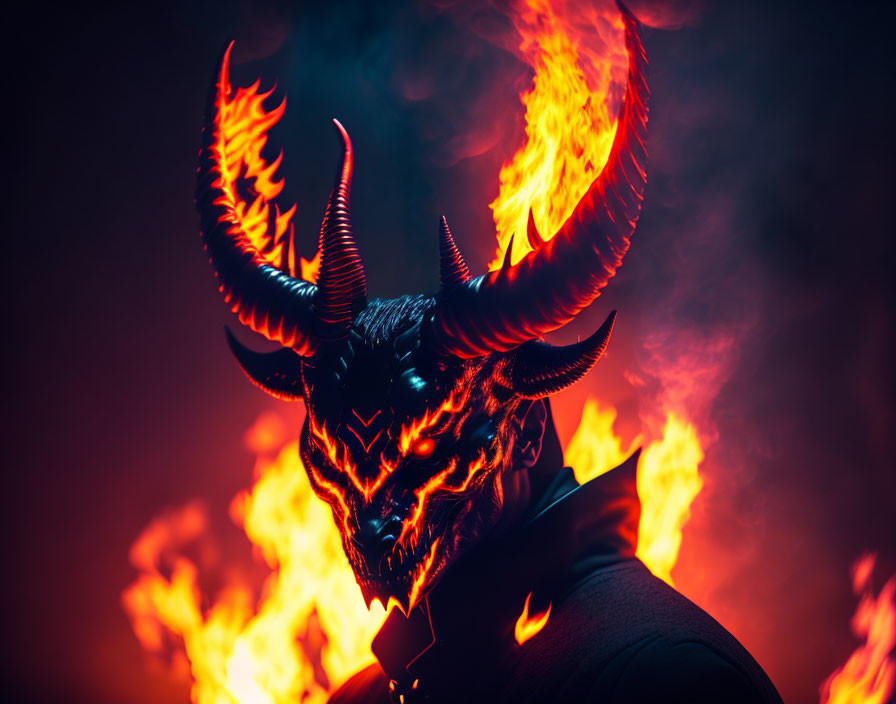 Fiery backdrop with person in demonic horned mask