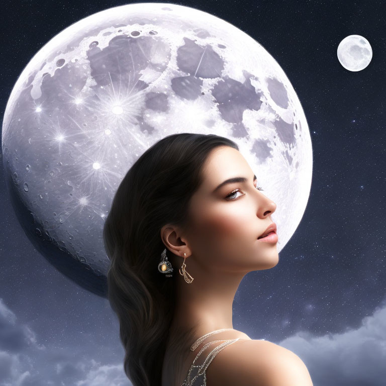 Serene woman gazes at detailed moon and starry sky