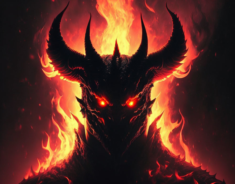 Fiery demonic figure with glowing eyes and horns surrounded by flames