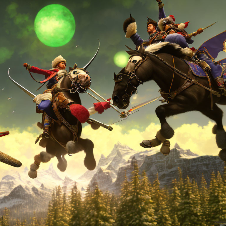 Animated warriors on horseback in combat with bows and arrows against mountain backdrop and two green moons.