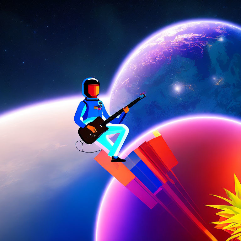 Astronaut playing electric guitar in space with Earth and stars.