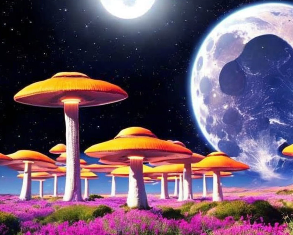 Colorful Fantasy Landscape with Orange Mushrooms, Purple Flowers, and Two Moons