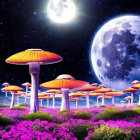 Colorful Fantasy Landscape with Orange Mushrooms, Purple Flowers, and Two Moons