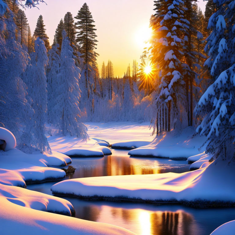 Snow-covered trees and river in serene winter scene