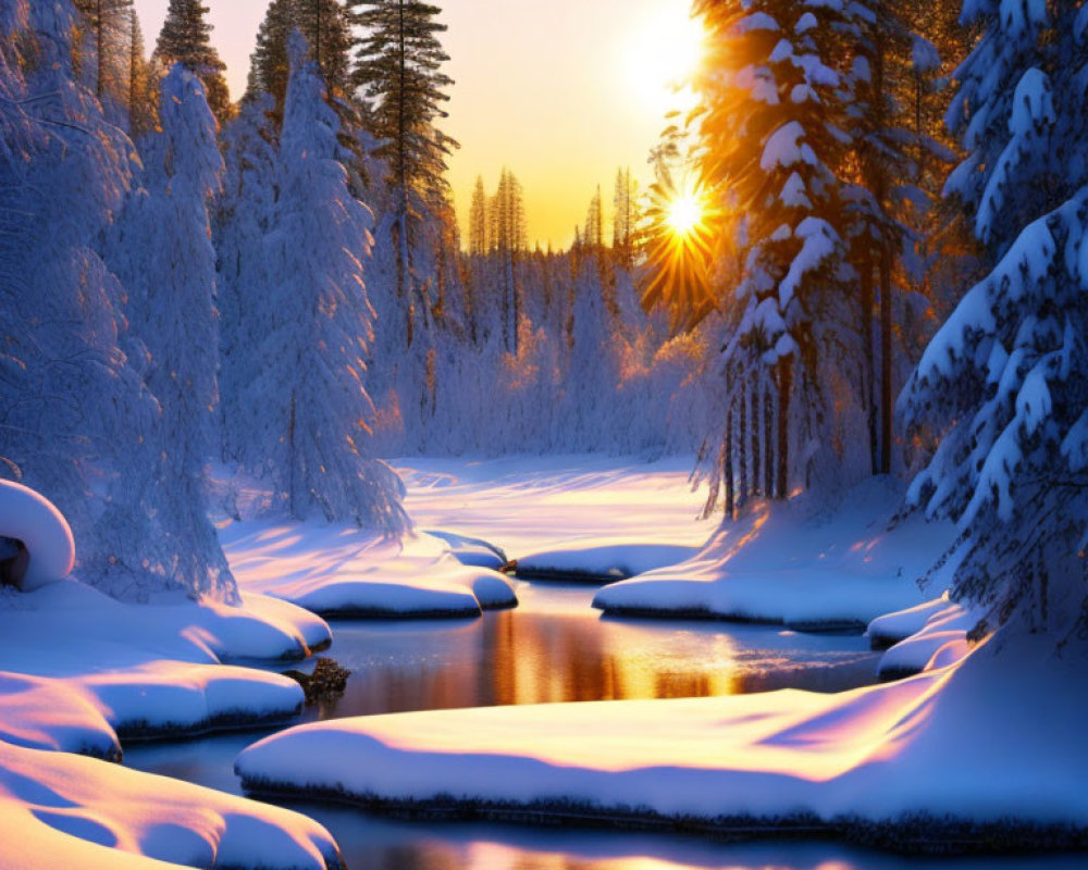 Snow-covered trees and river in serene winter scene