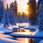 Snow-covered trees and river in serene winter scene