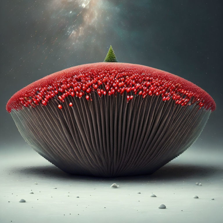 Vibrant red mushroom with green tree on celestial backdrop