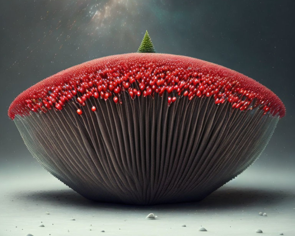 Vibrant red mushroom with green tree on celestial backdrop