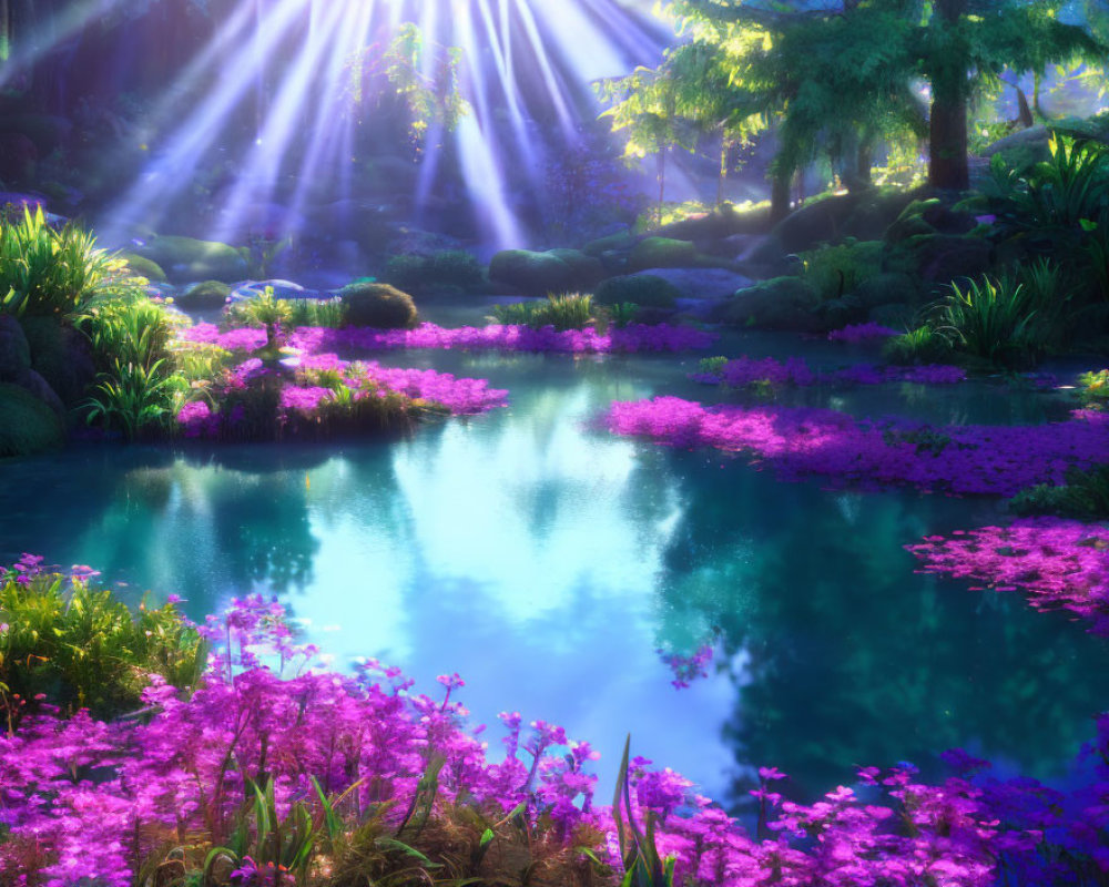 Tranquil forest scene with serene pond and vibrant pink flowers