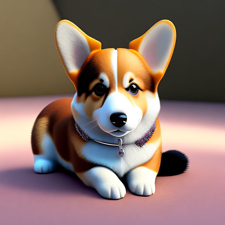 Realistic 3D illustration of cute Corgi puppy on dual-tone backdrop