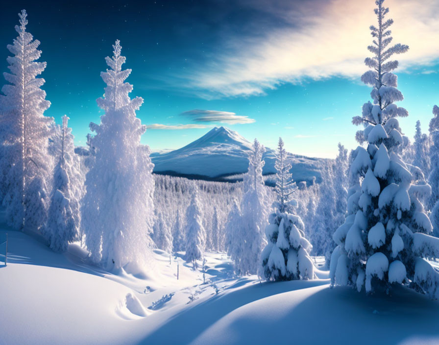 Snow-covered trees and mountain in serene winter landscape