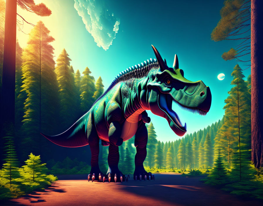 Colorful digital art: Giant iridescent dinosaur in forest with crescent moon & comet