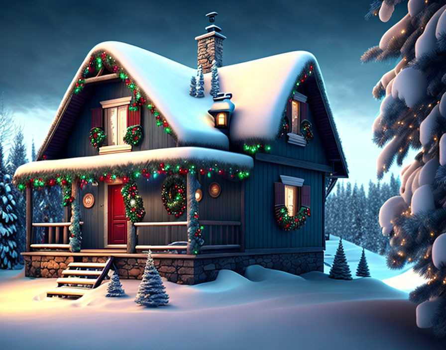 Snow-covered house with Christmas decorations in serene winter nightfall