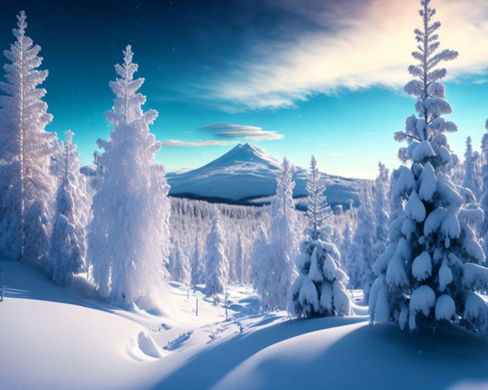 Snow-covered trees and mountain in serene winter landscape
