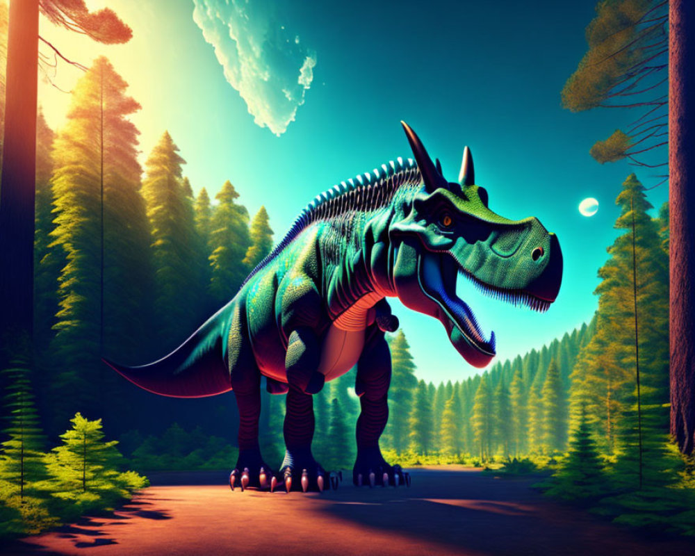 Colorful digital art: Giant iridescent dinosaur in forest with crescent moon & comet