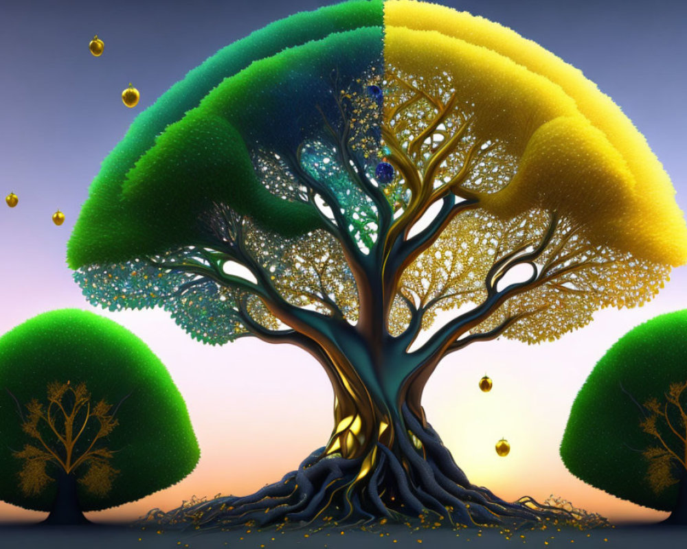 Colorful digital artwork of whimsical tree with gradient leaves and golden orbs