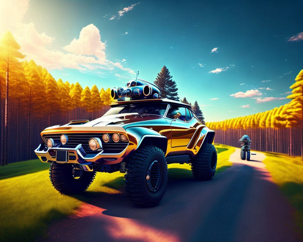 Stylized image of classic car and robot on motorcycle in rural setting