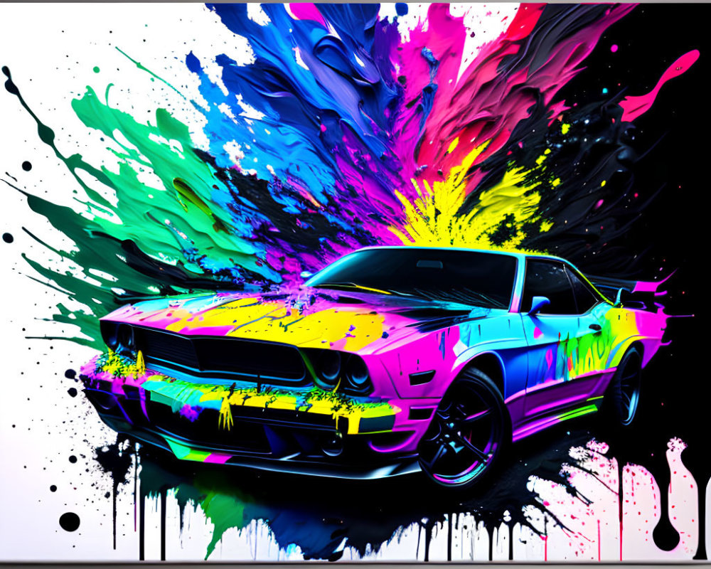 Colorful paint strokes on muscle car artwork on black background