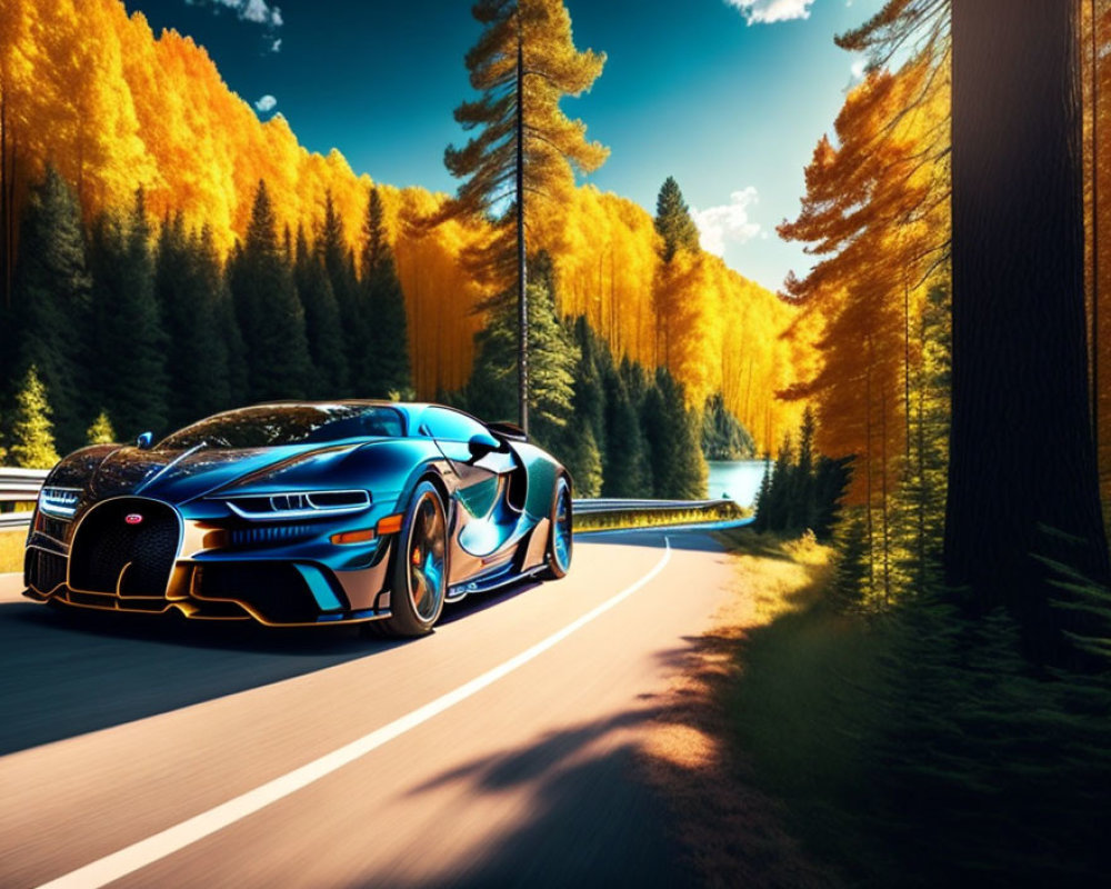 Sleek sports car on winding forest road with autumn trees.