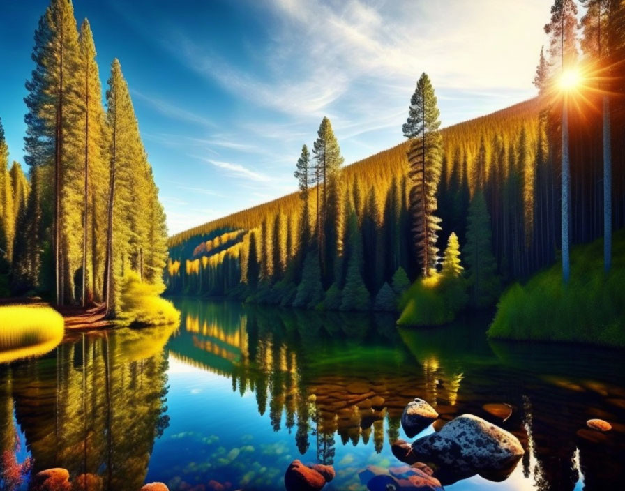 Tranquil lake scene with tall pines, clear skies, and rocks