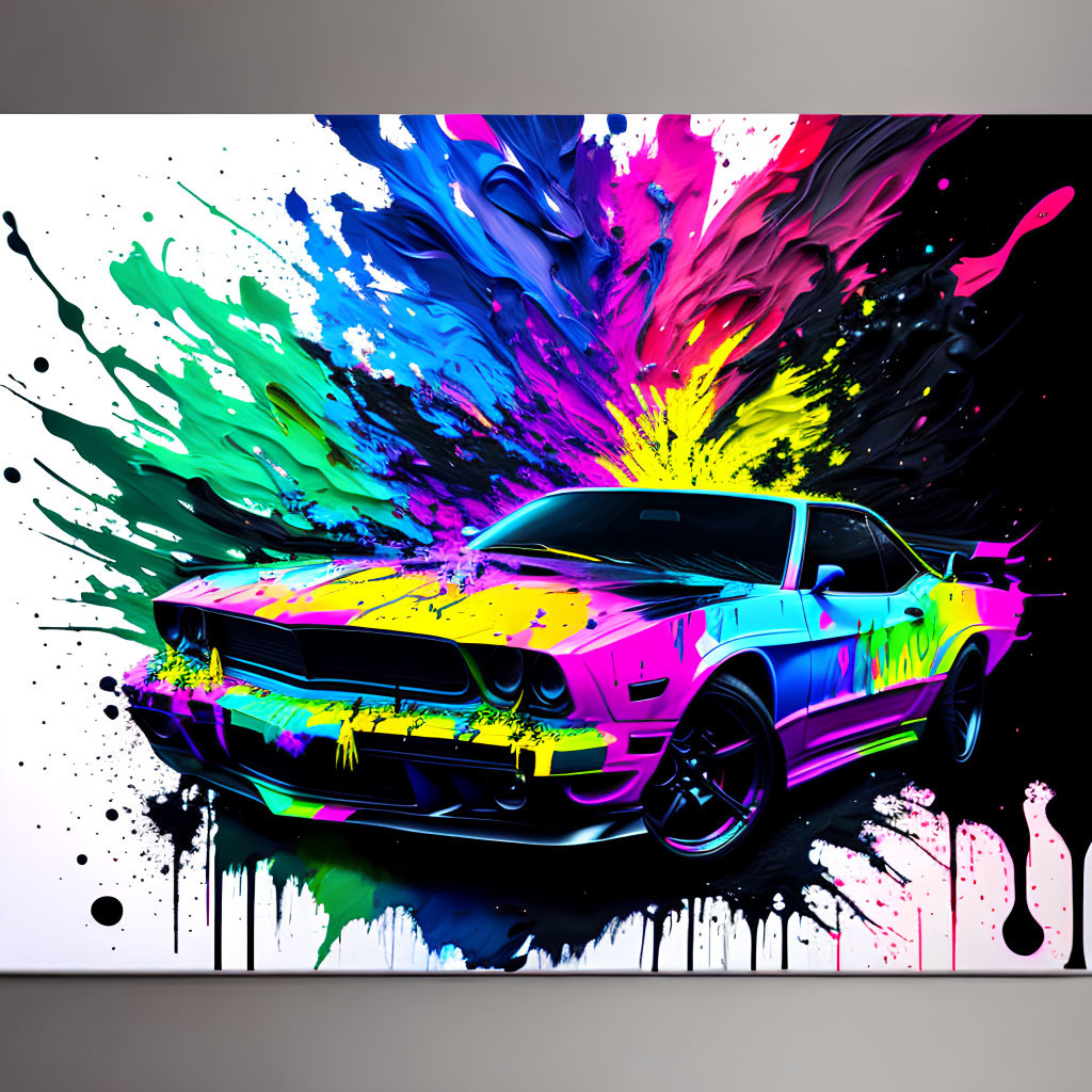 Colorful paint strokes on muscle car artwork on black background