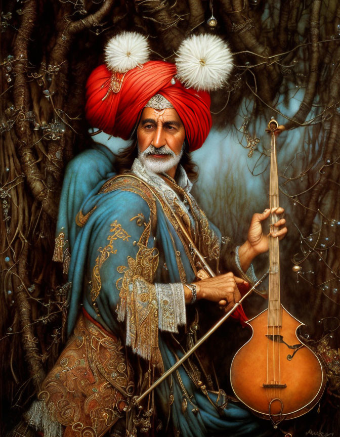 Man in Red Turban Playing String Instrument in Ornate Clothing