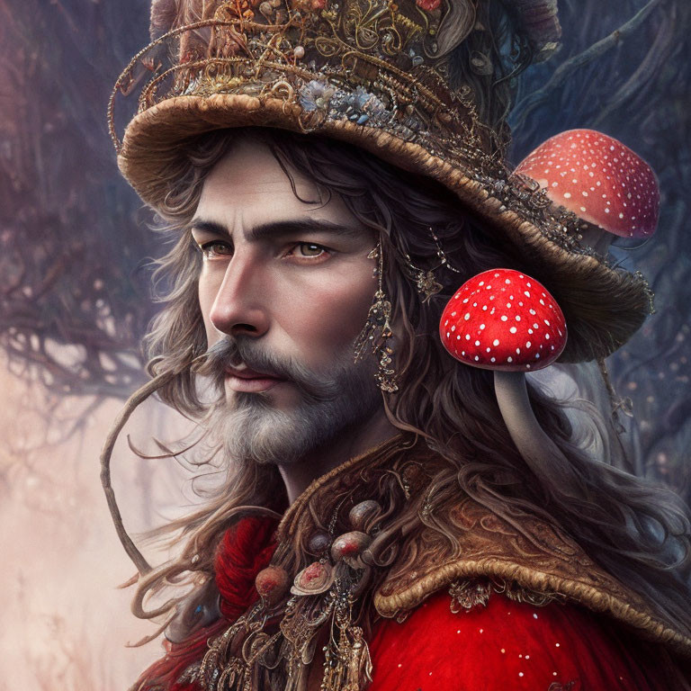 Man with Mushroom-Decorated Hat in Red Fantasy Outfit