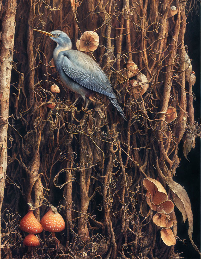 Blue-grey bird on textured tree trunk with twisting vines, mushrooms, and dry leaves.