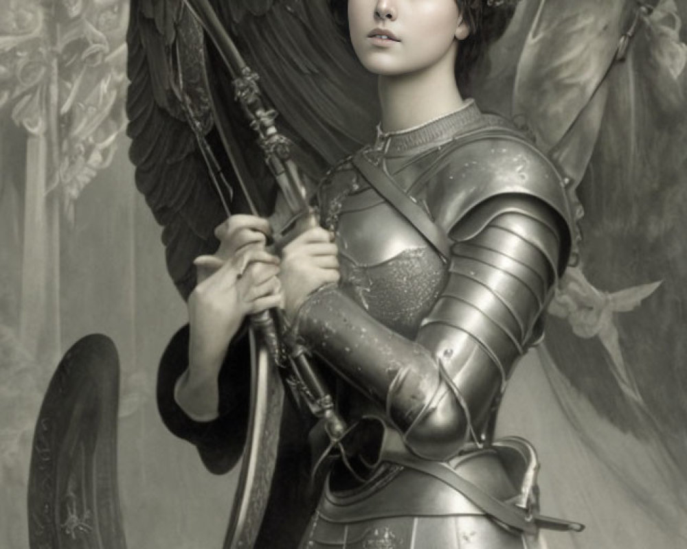 Monochrome image of warrior woman in ornate armor with spear and shield