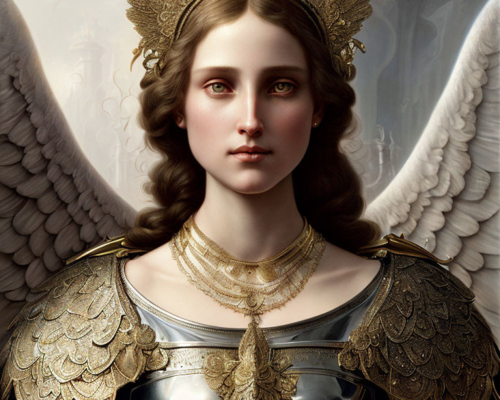 Angel woman in golden armor and wings with serene expression